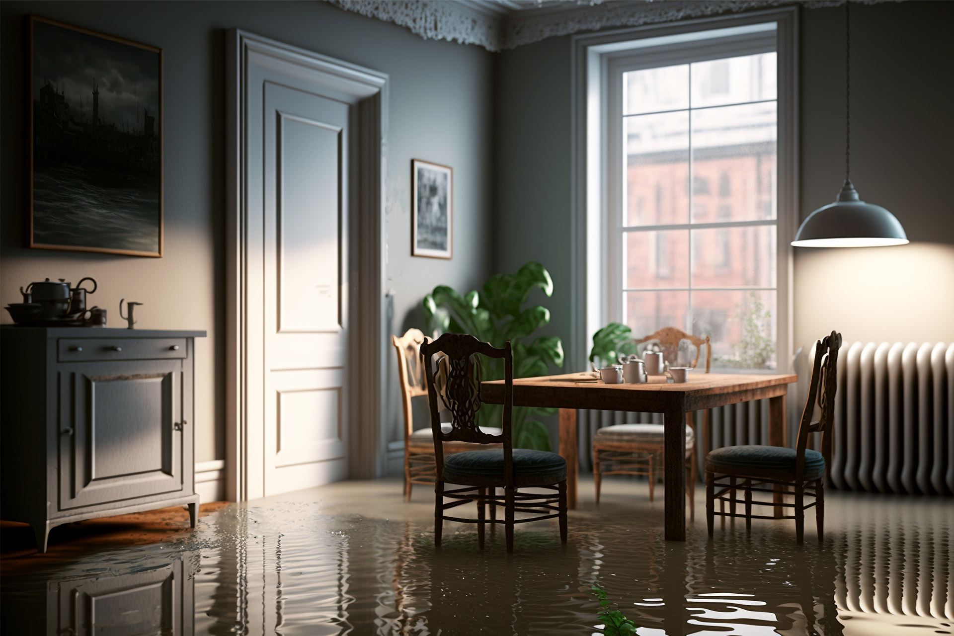 Wohnung mit Esstisch und Stühlen steht unter Wasser