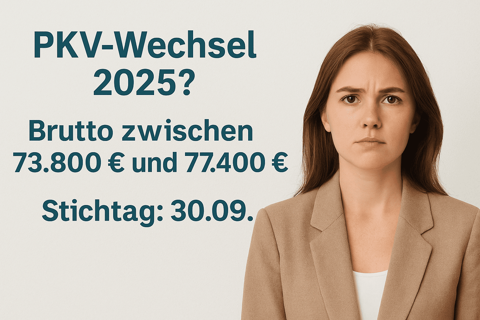 Beitragsbild PKV-Wechsel 2025: Angestellte mit Einkommen zwischen 73.800 € und 77.400 € haben nur bis 30.09. Zeit. Jetzt informieren und handeln!