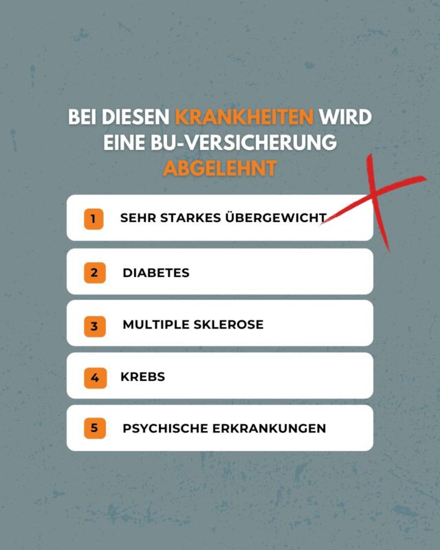 𝗞𝗲𝗶𝗻𝗲 𝗕𝗨-𝗩𝗲𝗿𝘀𝗶𝗰𝗵𝗲𝗿𝘂𝗻𝗴 𝗯𝗲𝗶 𝗱𝗶𝗲𝘀𝗲𝗻 𝗞𝗿𝗮𝗻𝗸𝗵𝗲𝗶𝘁𝗲𝗻.
Es gibt leider nicht immer die Möglichkeit, jede Anfrage zur Berufsunfähigkeitsversicherung mit optimalem Schutz abzudecken. 😕
In manchen Fällen ist eine Absicherung schlicht nicht möglich, besonders wenn eine laufende Behandlung bestimmter Krankheiten besteht. Bei chronischen Erkrankungen oder Diagnosen, die ein Leben lang bleiben, ist der Abschluss einer BU-Versicherung leider ausgeschlossen. 💔
Wir wissen, dass diese Nachrichten frustrierend sein können und verstehen den Ärger oder die Enttäuschung. Doch Versicherungen beruhen auf dem Prinzip der 𝗦𝗼𝗹𝗶𝗱𝗮𝗿𝗴𝗲𝗺𝗲𝗶𝗻𝘀𝗰𝗵𝗮𝗳𝘁. Alle zahlen in einen gemeinsamen Topf, aus dem dann die Leistungen im Schadensfall ausgezahlt werden. 💡
Wenn Personen mit bereits bestehenden schweren Erkrankungen versichert würden, würde dies die Schadensquote erhöhen, was für alle höhere Beiträge bedeuten würde. Und das wäre unfair gegenüber der Gemeinschaft. 🤝
Versicherer müssen daher bestimmte Risiken ablehnen – nicht, um jemanden auszuschließen, sondern um das Kollektiv zu schützen. 🛡️
Falls du jetzt denkst: „Versicherungen zahlen doch eh nie!“, sei dir bewusst, dass Versicherer jährlich Milliarden an Leistungen auszahlen. 💰
Deshalb: 𝗞𝘂̈𝗺𝗺𝗲𝗿𝗲 𝗱𝗶𝗰𝗵 𝗳𝗿𝘂̈𝗵𝘇𝗲𝗶𝘁𝗶𝗴 𝘂𝗺 𝗱𝗲𝗶𝗻𝗲 𝗕𝗲𝗿𝘂𝗳𝘀𝘂𝗻𝗳𝗮̈𝗵𝗶𝗴𝗸𝗲𝗶𝘁𝘀𝘃𝗲𝗿𝘀𝗶𝗰𝗵𝗲𝗿𝘂𝗻𝗴, 𝘂𝗺 𝗮𝘂𝗳 𝗱𝗲𝗿 𝘀𝗶𝗰𝗵𝗲𝗿𝗲𝗻 𝗦𝗲𝗶𝘁𝗲 𝘇𝘂 𝘀𝘁𝗲𝗵𝗲𝗻! ✔️ Nicht ohne Grund empfehlen wir bereits Schülern eine Berufsunfähigkeitsversicherung. 
Was hält dich noch von einer BU-Versicherung zurück? Wieso hast du noch Zweifel?
#Berufsunfähigkeitsversicherung #Versicherungsschutz #Absicherung #Versicherungsberatung #Finanzplanung #Risikomanagement #FrühzeitigAbsichern #Zukunftsplanung #Solidargemeinschaft #KrankheitUndVersicherung #BeruflicheAbsicherung #Versicherungswissen #SicherheitFürDieZukunft #VersicherungenErklärt #Berufsunfähig