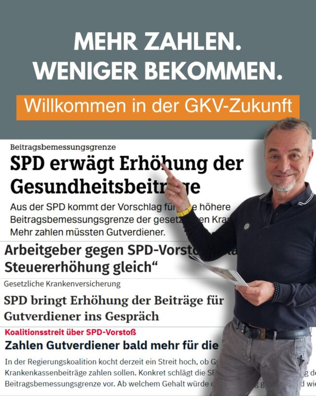 SPD will Beitragsbemessungsgrenze anheben – was das für Gutverdiener bedeutet
Die GKV steht unter Druck. Höhere Medikamentenkosten, milliardenteure Klinikumbauten, 96 Kassen mit eigener Verwaltung – die Ausgaben steigen, die Einnahmen hinken hinterher.
Die Antwort der Politik?
👉 Die Beitragsbemessungsgrenze (BBG) soll massiv steigen – auf das Niveau der Rentenversicherung.
Das heißt: Wer mehr verdient, soll künftig noch mehr einzahlen. Auch Einkommen bis über 96.000 € im Jahr sollen verbeitragt werden.
Was viele dabei nicht bedenken:
➤Wer in der gesetzlichen Krankenversicherung bleibt, zahlt künftig noch mehr, aber bekommt nicht automatisch mehr Leistung.
➤Die Private Krankenversicherung (PKV) hingegen finanziert sich unabhängig – solide, kapitalgedeckt und leistungsorientiert.
Diese Maßnahmen sind keine echte Reform, sondern der Versuch, ein angeschlagenes System durch Mehrbelastung zu retten , vor allem auf dem Rücken der Gutverdiener.
❗Wer heute noch in die PKV wechseln kann, sollte ernsthaft darüber nachdenken.
Mit klaren Leistungen, langfristiger Beitragsstabilität und echter Wahlfreiheit.
Denn wer weiß, wie lange das überhaupt noch möglich ist?
Was denkst du – gerechte Lösung oder versteckte Umverteilung?
#PKV #PrivateKrankenversicherung #JAEG #Beitragsbemessungsgrenze #Gesundheitsvorsorge #Versicherungswissen #vivFreiburg
★★★★viv Freiburg – Deine Experten für individuelle Versicherungsberatung. Wir sorgen dafür, dass du rundum abgesichert bist.