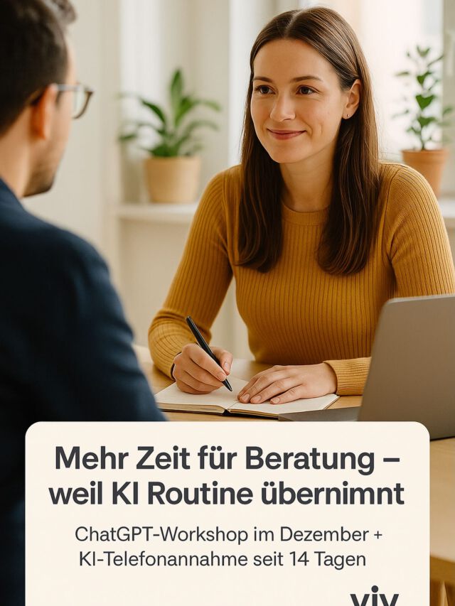 Mehr Zeit für Beratung – weil KI Routine übernimmt.
Anfang Dezember bringen wir bei viv unser ganzes Team mit einem ChatGPT‑Workshop auf ein gemeinsames Level.
Seit 14 Tagen ist zusätzlich unsere KI‑Telefonannahme im Pilot: Sie nimmt Anrufe entgegen, sortiert Anliegen und leitet Infos strukturiert an uns weiter. Nächste Schritte: Terminbuchung & Schadenmeldungs‑Links.
Für dich heißt das:
✅ kürzere Wartezeiten
✅ schnellere Rückmeldungen
✅ mehr persönliche Beratung
Wichtig: Beraten tun weiterhin Menschen. Datenschutz (DSGVO) & Qualitätschecks sind gesetzt.
Fragen? Schreib uns eine DM – oder ruf einfach an. 👋
#viv #vivFinanz #Versicherungsmakler #KI #ChatGPT #Digitalisierung #Kundenservice #Schadenservice #Terminvereinbarung #Beratung